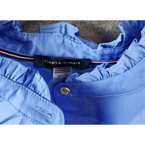 Tommy Hilfiger Puff-Sleeve Blouse Women's M Blue Ruffle Collar Button Closures - Picture 13 of 15